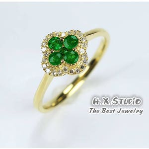 HX Jewelry | Emerald Diamond Lucky Clover Halo Ring in Solid 18k Gold/Custom Fine Jewelry/Personalization Design/Gift for Women and Girls