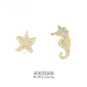 Dainty Seahorse Stud Earring, Starfish Earrings, Genuine Diamond,Solid 18k Gold, SeaHorse Jewelry, Gift for Women and Girls