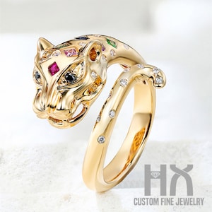 Multi-Gems and Diamond Leopard Wrap Ring in Solid 18K Gold/Gems and Diamond Panther Wrap Ring/Custom Jewelry/Personalization Design