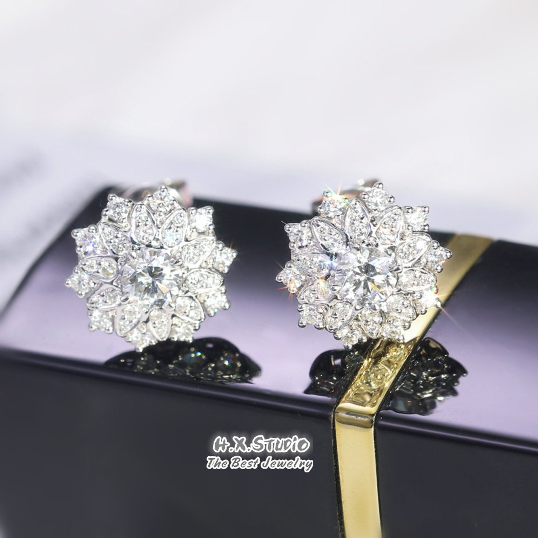 Snowflake Stud Earrings, Solid 18k Gold, Genuine Diamond, Flower Stud ...