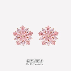 Dainty Sakura Blossom Stud Earrings, Solid 18k Gold, Pink Sapphire, Season Jewelry, Cute Jewelry, Gift for Her, Customization Jewelry