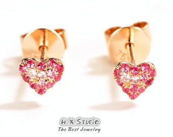 Dainty Heart Stud Earrings, Pink Sapphire, Diamond, Solid 18k Gold, Gift Idea, Gift for Her, Gift for Anniversary, Gift for Girls and Women