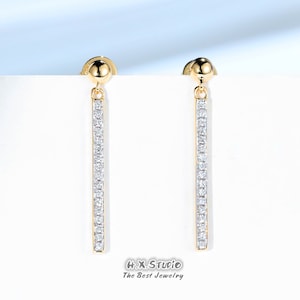 Minimalist Dangle Earrings, Solid 18k Gold, Genuine Diamond, Simple Line Modern Diamond Earring, Gift Idea, Gift for Her, Customization