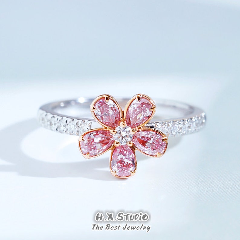 Pink Diamond Flower Ring in Solid 18k Gold/floral Engagement Etsy