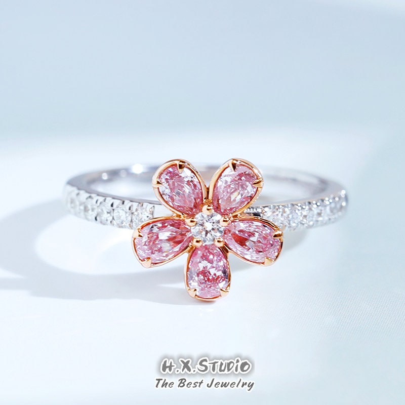 Pink Diamond Flower Ring in Solid 18k Gold/floral Engagement