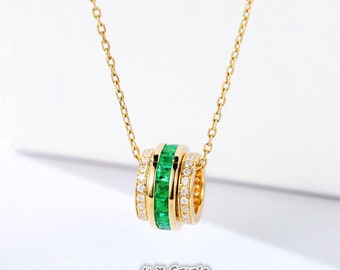 Diamond Emerald Rotatable Pendant Necklace in Solid 18k Gold/Rotating Amulet Pendant/Custom Fine Jewelry/Gift for Women and Girls