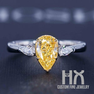 GIA Yellow Pear Cut Diamond 18k Gold Luxury Ring, Three-Stone Engagement Ring, Fancy Yellow Color Diamond Wedding Ring, Luxury Custom Ring