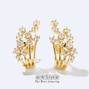 Pendientes de la flor del racimo del diamante, oro sólido de 18k, diamante genuino, pendiente floral, pendiente del racimo, regalo para ella, joyería de la personalización