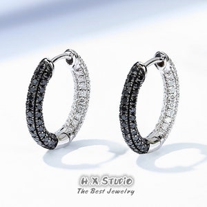 Minimalist Circle Pave Diamond Hoop Earrings, Solid 18k Gold, Genuine Diamond 1ctw, Two-Color Elegant Jewelry, Gift for Her