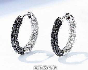 Minimalist Circle Pave Diamond Hoop Earrings, Solid 18k Gold, Genuine Diamond 1ctw, Two-Color Elegant Jewelry, Gift for Her