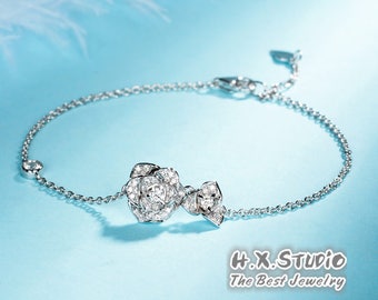 Diamond Rose Flower Bracelet in Solid 18k Gold/Custom Fine Jewelry/Personalization Design/Gift for Women and Girls