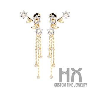 Diamond Flower Leaf Twig Tassel Dangle Earrings in Solid 18k Gold/Custom Fine Jewelry/Personalization Design/Gift for Women and Girls