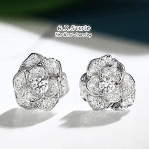 Pendientes de diamante 3D rosa Stud, oro sólido de 18k, diamante genuino, semental de lujo, joyería elegante, regalo para mujeres y niñas, aniversario