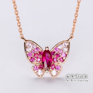 Ruby and Pink Sapphire Butterfly Pendant Necklace in Solid 18K Gold/Custom Fine Jewelry/Personalization Design/Gift for Women and Girls