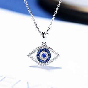 Diamond & Sapphire Evil Eye Pendant Necklace in Solid 18k Gold/Custom Jewelry/Personalization Design/Gift for Women and Girls