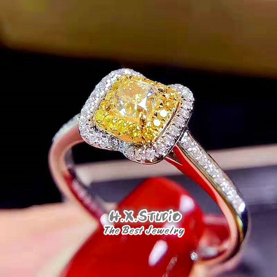 Fancy Yellow Diamond Ring, Diamond Halo Ring, 18K White Gold Ring, Engagement Ring, Promise Ring, Wedding Ring, Valentine'Day
