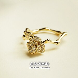 Gorgeous 3D Rose Flower Diamond Ring in Solid 18K/Floral Branch Wedding Ring/Bouquet Engagement Ring/Petals Flower Ring/Custom Jewelry
