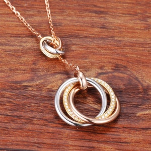 Trinity Tri-Color Gold Diamond Circles Pendant Necklace in Solid 18K Gold/Custom Fine Jewelry/Gift for Women and Girls