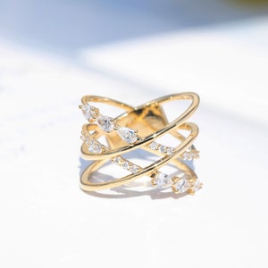 Diamond X CrissCross Overlap Ring in Solid 18k Gold/Multi-Layered Cross Band/Custom Jewelry/Personalization Design/Gift for Women and Girls