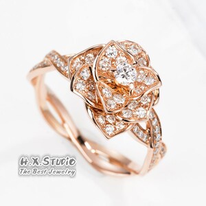 Rose Flower Diamond Ring in Solid 18K Gold/Floral Statement Ring/Custom Jewelry/Personalization Design/Gift for Women and Girls