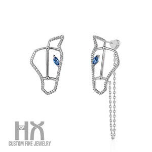 Diamond and Sapphire Horse Stud Earrings in Solid 18k Gold, Horse Head Ear Studs, Gift for Women and Girls