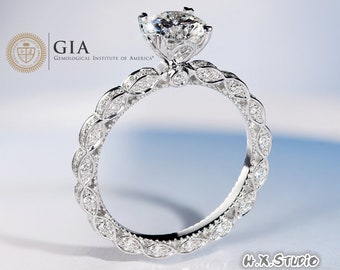 GIA Cert Round Diamond Engagement Ring, 0.3ct-1.0ct, Diamond Three Sided Full Eternity Band in Solid 18k Gold, Bridal Ring, Love Gift