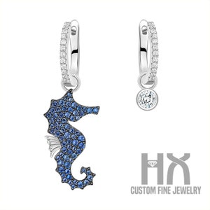 Diamond and Sapphire Seahorse Dangle Earrings in Solid 18k Gold, Drop Earrings, Gift Idea, Gift for Her