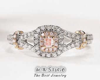 18k White Gold Pink Diamond Ring, Pave Natural Diamond Half Eternity Ring, Fancy Color Diamond Wedding Ring, Engagement Ring, Valentine'Day