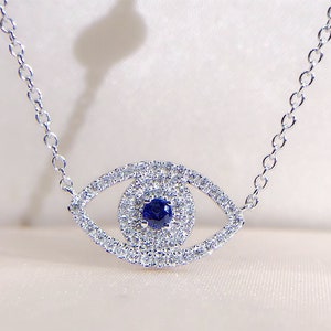 Diamond Sapphire Evil Eye Pendant Necklace in Solid 18k Gold/Custom Jewelry/Personalization Design/Gift for Women and Girls