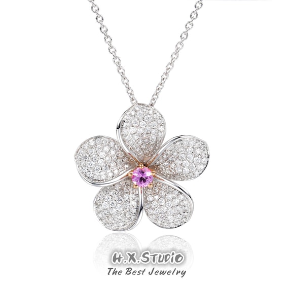 Diamond Pink Sapphire Blossom Flower Pendant - Pink Sapphire Flower Pendant Necklace