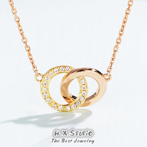 Diamond Interlocking Double Ring Necklace in Solid 18k Gold/Custom Fine Jewelry/Personalization Design/Gift for Women and Girls