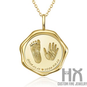 HX Jewelry | Personalized Baby Hand and Foot Print Gold Wax Seal Pendant Necklace/Newborn Baby Necklace/New Mom Jewelry/Custom Fine Jewelry