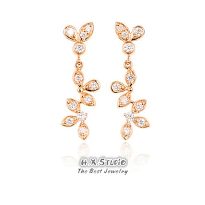 Diamond Leaves Dangle Earrings, Solid 18k Gold, Genuine Diamond, Elegant Jewelry, Gift for Women and Girls, Customization Jewelry,Gift Ideas