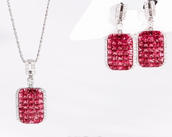 Ruby Diamond Square Dangle Earrings and Pendant Necklace, Genuine Diamond and Ruby, Solid 18k Gold, Customization Jewelry, Gift for Her