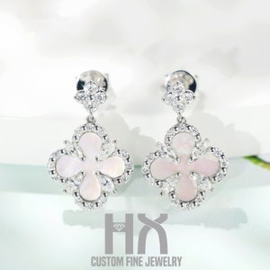 Diamond and Mother of Pearl Clover Dangle Drop Earrings in 18k Gold/Custom Fine Jewelry/Personalization Design/Gift for Women and Girls