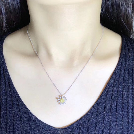 Fancy Yellow Diamond Daisy Flower Pendant Necklace in Solid