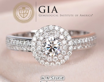 GIA Cert Round Halo Diamond Engagement Ring, 0.3ct-1ct, Elegant Design Diamond Ring in 18k Gold, Classic Wedding Ring, Love Gift for Her