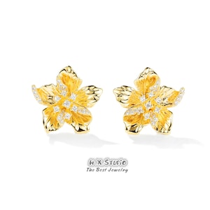 HX Jewelry / Dainty Bauhinia Flower Stud Aretes, oro macizo de 18k, diamante genuino, pendiente floral, joyería Bauhinia, regalo para ella, Navidad