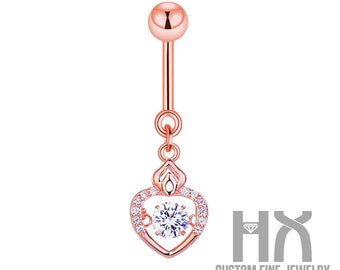HX Jewelry | Dangle Heart Dancing Diamond Belly Button in Solid 18k Gold/Heart Navel Ring/Piercing Body Jewelry/Gift for Women and Girls