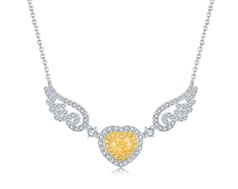 Yellow Diamond Love Heart and Angel Wings Pendant Necklace in Solid 18k Gold/Custom Jewelry/Personalization Design/Gift for Women and Girls