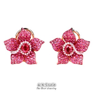 Pendientes de flores rojas, oro sólido de 18 k, diamante genuino, rubí, piedras preciosas de zafiro rosa, joyería de lujo, regalo para ella, vacaciones, personalización