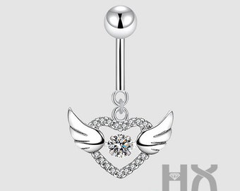 HX Jewelry | Dancing Diamond Navel Ring with Angle Wings in Solid 18k Gold, Body Jewelry, Piercing Belly Button Ring, Gift for Her