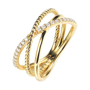 Diamond CrissCross Overlap Wide Ring in Solid 18k Gold/Multi-Layered Cross Band/Custom Fine Jewelry/Gift for Women and Girls