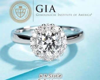 GIA Cert Round Diamond Engagement Ring, 0.3ct-1.0ct, Solitaire Halo Ring in Solid 18k Gold, Flower Cluster Wedding Band, Love Gift