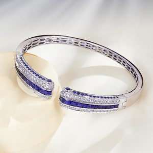 Puede incluir: Un brazalete de plata con una doble fila de piedras azules y blancas. El brazalete tiene un cierre de bisagra.