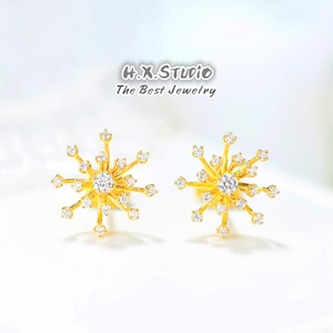 Pendientes de sementales de flores, oro macizo de 18k, diamante genuino, pendientes de diamantes en forma de flor, regalo para ella, ideas de regalos, joyas de personalización