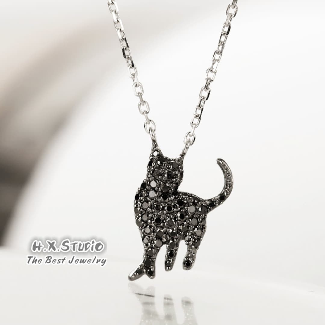 Black Diamond Cat Pendant Necklace in Solid 18k Gold custom Fine Jewelry personalization Design gift for Women and Girls Etsy UK