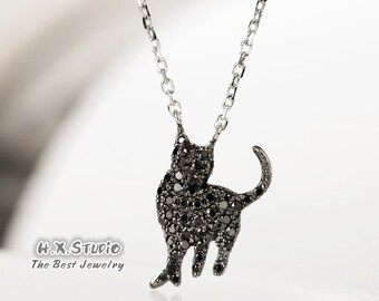 Black Diamond Cat Pendant Necklace in Solid 18k Gold/Custom Fine Jewelry/Personalization Design/Gift for Women and Girls