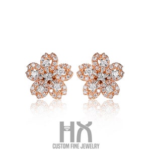 Pendientes de flor de sakura con diamantes en oro bicolor/Joyería de sakura/Joyería de moda/Regalo para ella