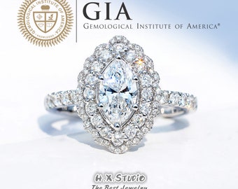 GIA Cert Marquise Diamond Engagement Ring, 0.3ct-1.0ct, Diamond Halo Wedding Band in Solid 18k Gold, Bridal Ring, Anniversary, Love Gift